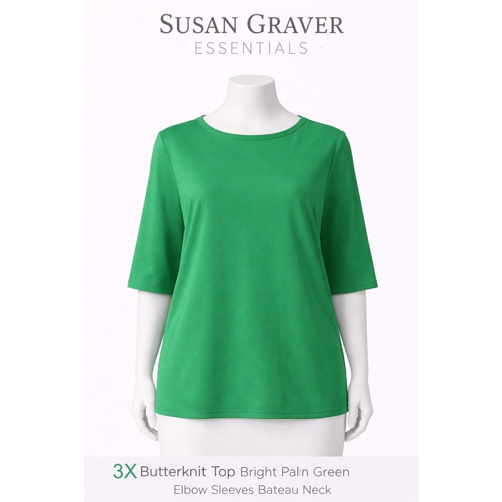 Susan Graver Essentials 3X Butterknit Top Bright Palm Green Elbow Sleeve A215099